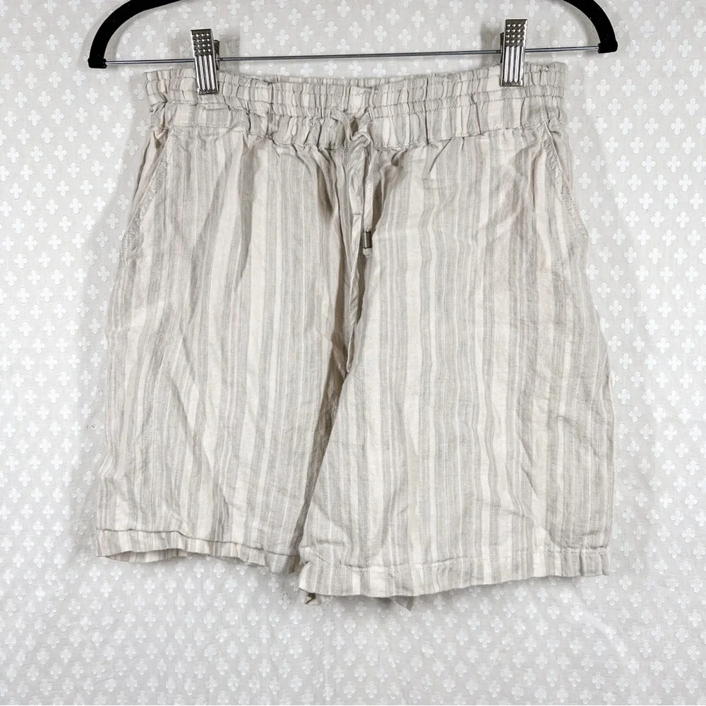 Anthropologie Women Shorts Sz XS Cream Grey Striped Linen Pull On High‎ Rise